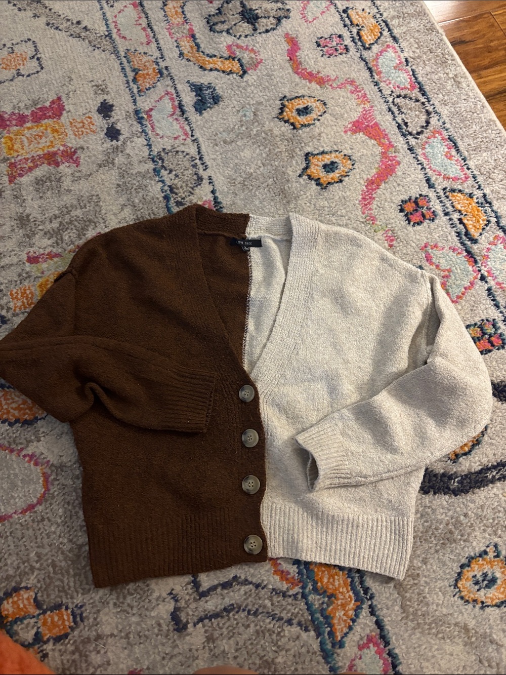 Two-Tone Brown and Ivory cropped Button Cardigan Sweater